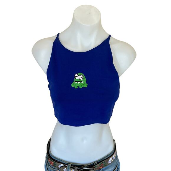 Superdown Crop Top Blue SMALL Upcycled Embroidered Om Nom Bodycon Unique Cami - Picture 1 of 5